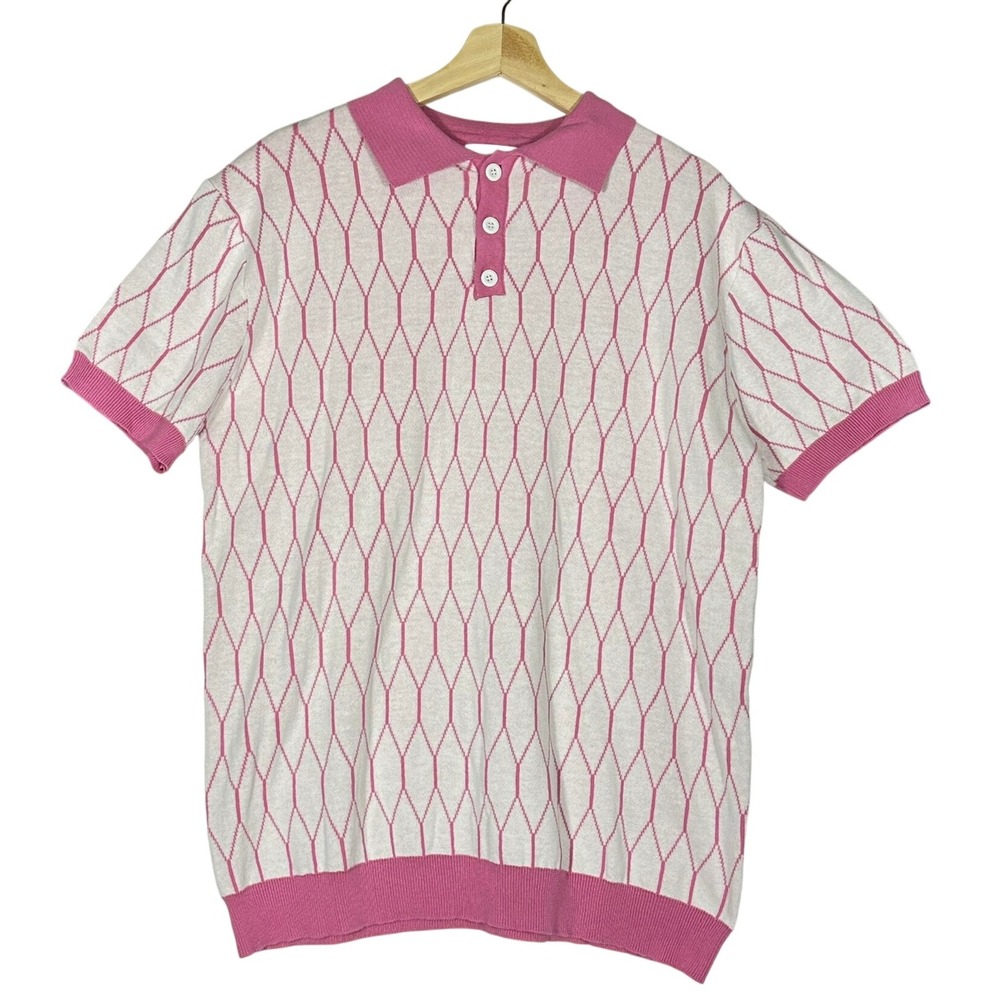 OXKNITSTORE Polo Short Sleeve Mens Knit Top Pink White, Size XL Golf Preppy - Picture 1 of 14